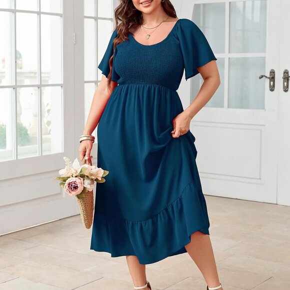 Women's Plus Size Summer Dress Floral Boho Maxi Short Sleeve Ruffle - Picture 6 of 7